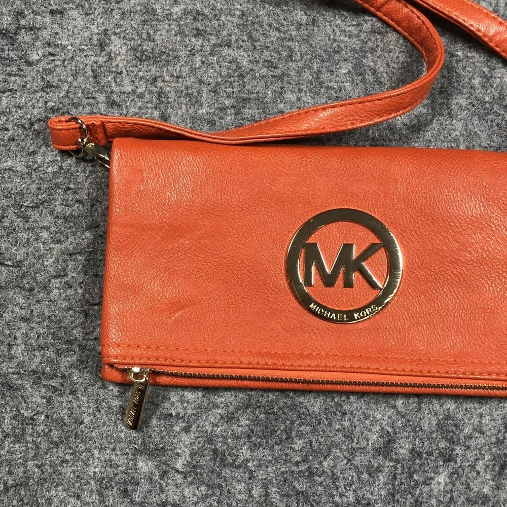 Michael Kors Crossbody Bag Womens Small Orange Leather Logo Zip MK Purse‎